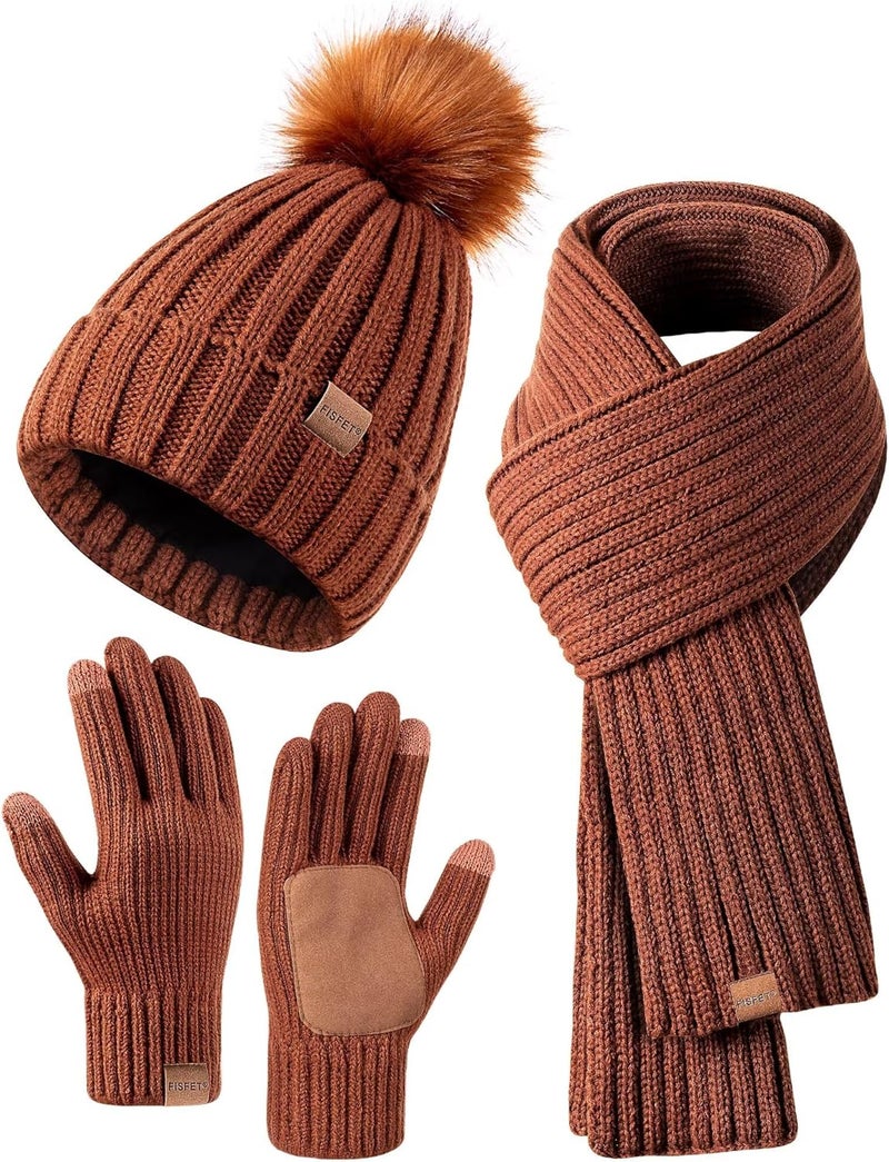 FISFET Winter Beanie Hat Scarf Gloves Set for Women, Womens Beanie with Pom Pom Long Scarf Neck Warmer Touchscreen Gloves 3 in 1 Set - Image 1